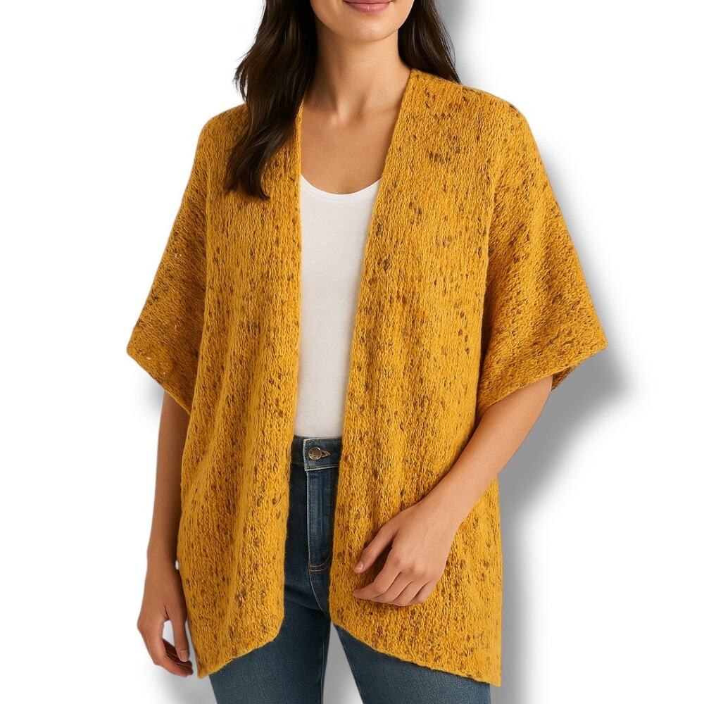 Sole Society Mustard Yellow Speckled Knit Open Front Short Sleeve Poncho Wrap